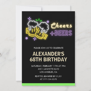 Neon Cheers Beer Black 68th birthday invitation
