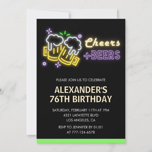 Neon Cheers Beer Black 76th birthday invitation (Front)