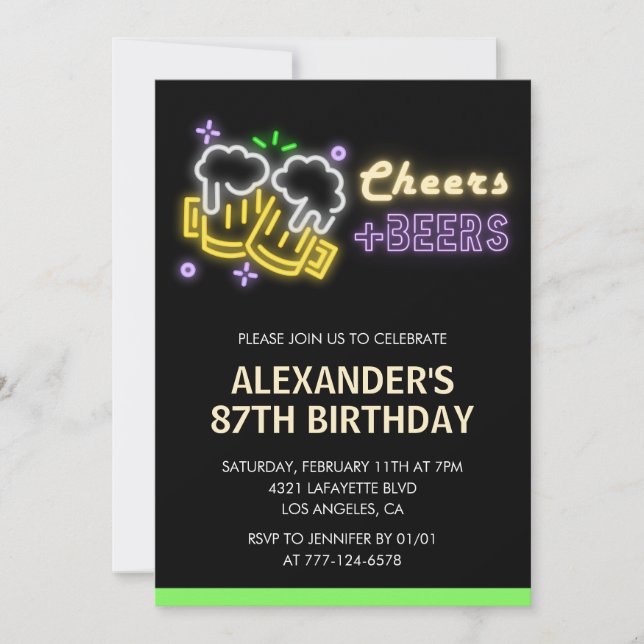 Neon Cheers Beer Chalkboard 87th birthday Invitation (Front)