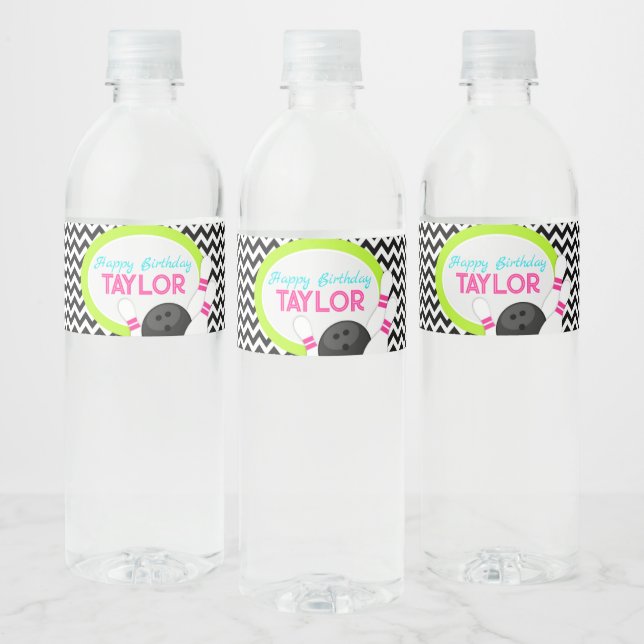 Neon Chevron Bowling Birthday Water Bottle Labels (Bottles)