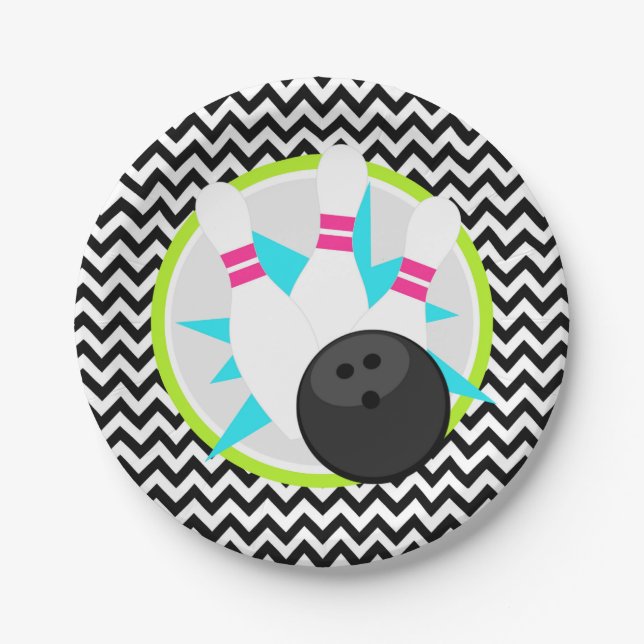 Neon Chevron Bowling Paper Party Plates (Front)