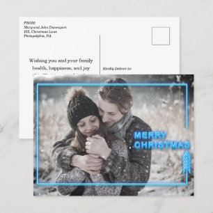 Neon Christmas Blue Photo  Holiday Postcard