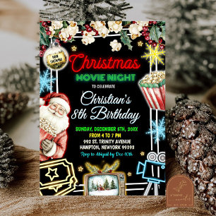 Neon Christmas Movie Night Kids Birthday Party Invitation