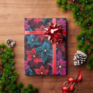 Neon Christmas Poinsettias Wrapping Paper