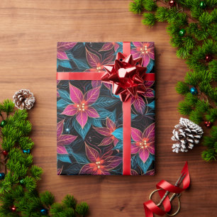 Neon Christmas Poinsettias Wrapping Paper