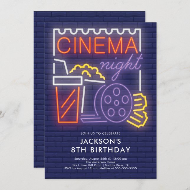 Neon Cinema Night Birthday Invitation (Front/Back)