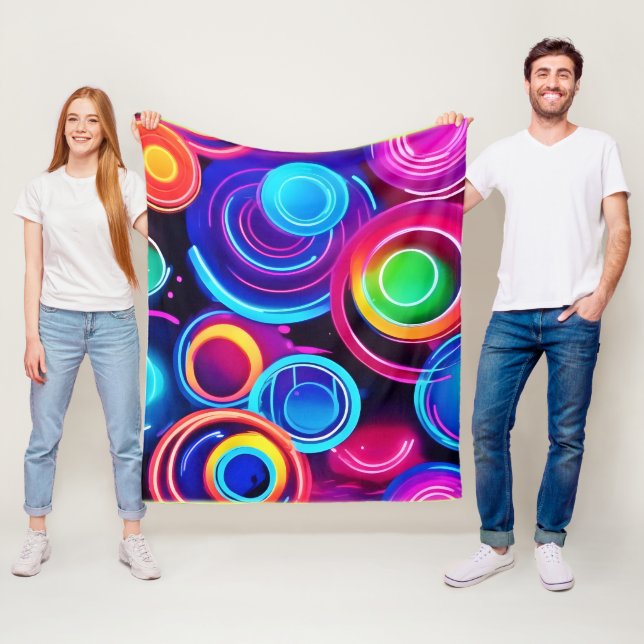 Neon Circles Abstract Art Fleece Blanket (In Situ)