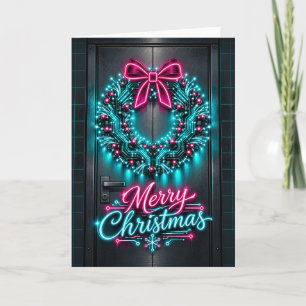 Neon Circuit Board Wreath on Cyberpunk Door Holiday Card