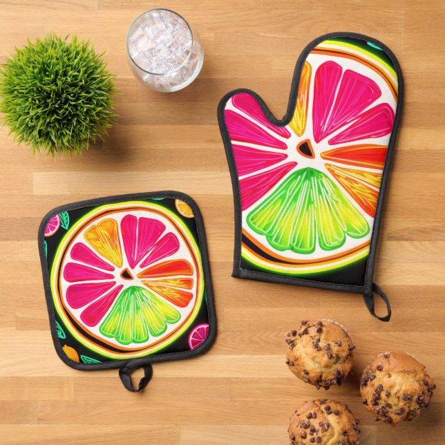 Neon Citrus Fruit Fiesta Oven Mitt & Pot Holder Set (Top Down)