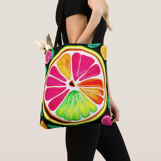 Neon Citrus Fruit Fiesta Tote Bag (Close Up)