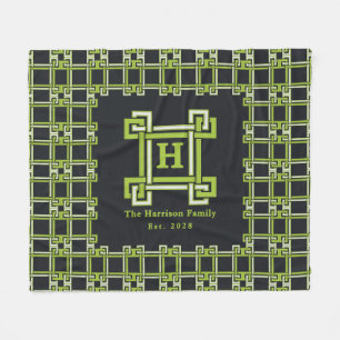 Neon Citrus Green Black Family Est Monogram Fleece Blanket