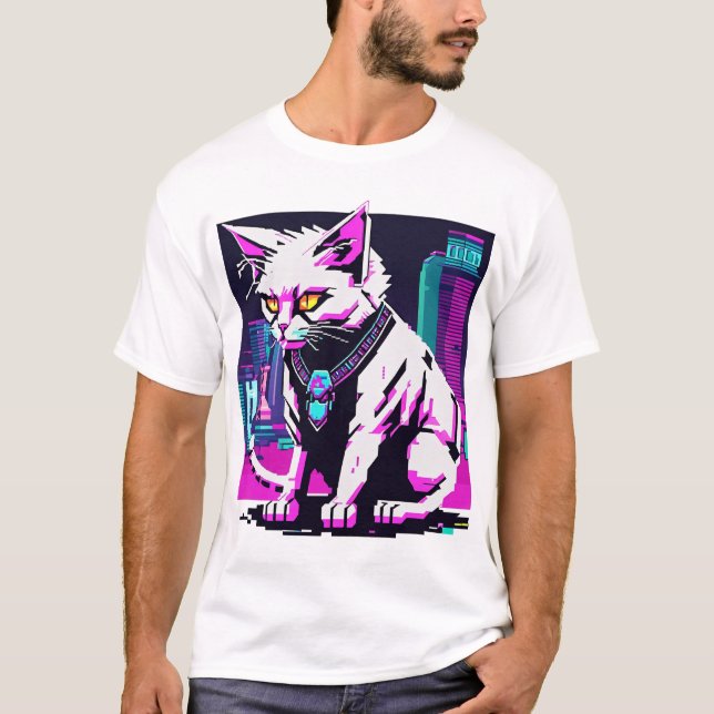 Neon City Cyberpunk Cat T-Shirt (Front)