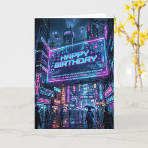 Neon City Lights Cyberpunk Happy Birthday Card