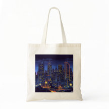 Neon City Nights – Futuristic Skyline Art Tote Bag