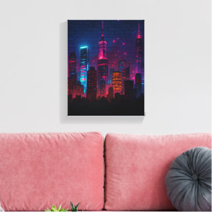 Neon City Skyline: Retro-Futurism Canvas Print