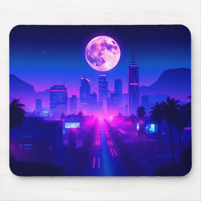 Neon City Synthwave Sunset XL Gaming Desk Mat Mouse Mat (Front)