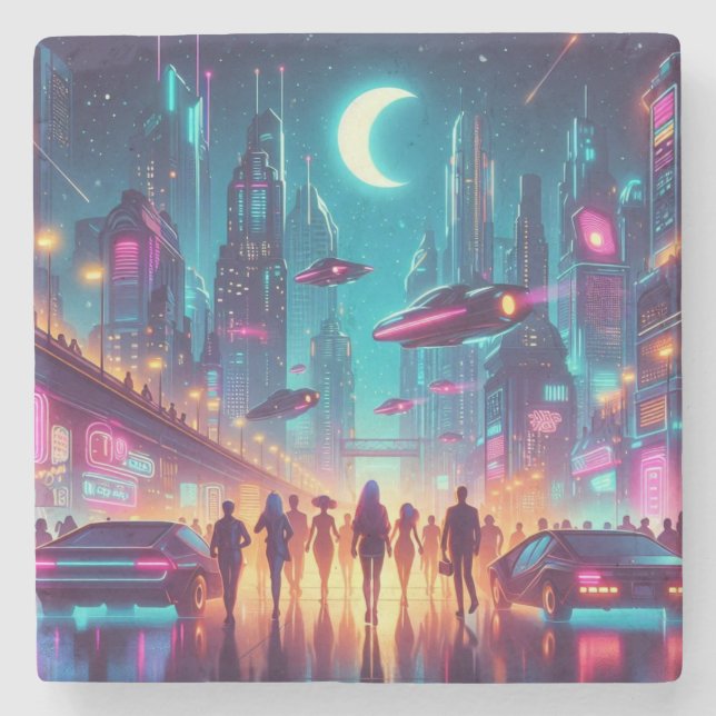 Neon Cityscape Stone Coaster (Front)
