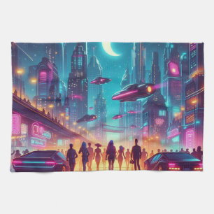 Neon Cityscape Tea Towel