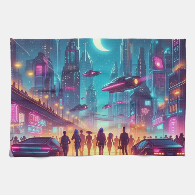 Neon Cityscape Tea Towel (Horizontal)