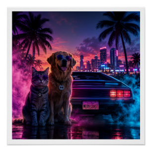 Neon Coast – Retro Car Dog and Cat Poster