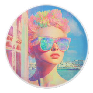 Neon Coastal Beauty with Sunglasses Ceramic Knob