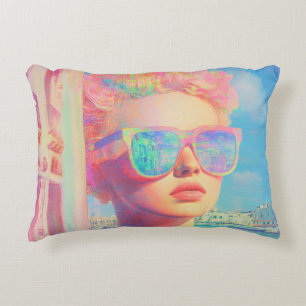 Neon Coastal Beauty with Sunglasses Decorative Cushion