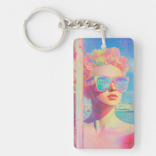 Neon Coastal Beauty with Sunglasses Key Ring