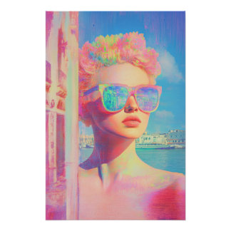 Neon Coastal Beauty with Sunglasses Poster