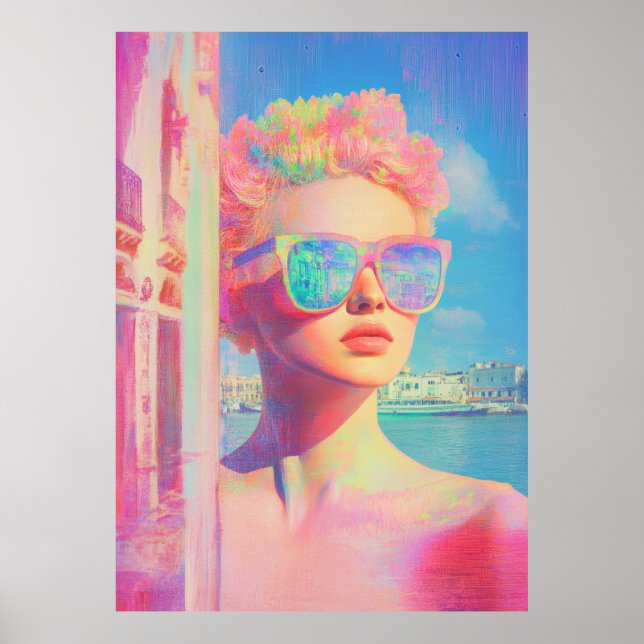 Neon Coastal Beauty with Sunglasses Poster (Front)
