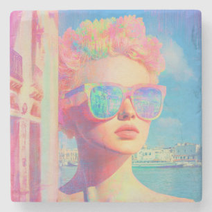 Neon Coastal Beauty with Sunglasses Stone Coaster