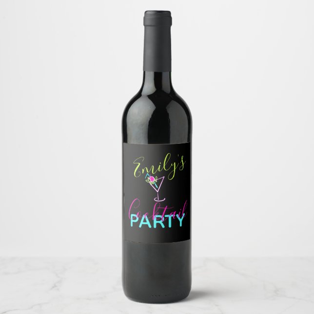 Neon Cocktail Modern Art Party Wine Label (Front)