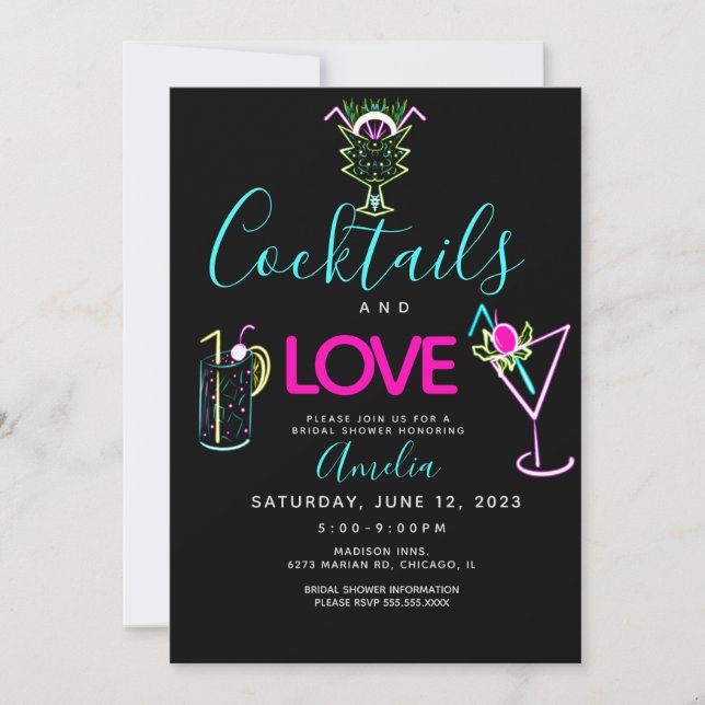 Neon Cocktails Art Bridal Shower Invitation (Front)