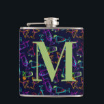 Neon Cocktails on Black Monogram Personalise Drink Hip Flask<br><div class="desc">Modern pattern of cocktails in neon colours - hot pink, lime green, orange, turquoise and lime green on black background vinyl wrap on 6 ounce flask. Fun gift for birthdays, bachelorette party, bridesmaids or for yourself. Use the Customise Further link to add or delete text, change font or font colour....</div>