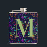 Neon Cocktails on Black Monogram Personalise Drink Hip Flask<br><div class="desc">Modern pattern of cocktails in neon colours - hot pink, lime green, orange, turquoise and lime green on black background vinyl wrap on 6 ounce flask. Fun gift for birthdays, bachelorette party, bridesmaids or for yourself. Use the Customise Further link to add or delete text, change font or font colour....</div>