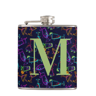 Neon Cocktails on Black Monogram Personalise Drink Hip Flask