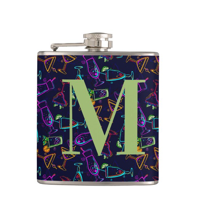 Neon Cocktails on Black Monogram Personalise Drink Hip Flask (Front)