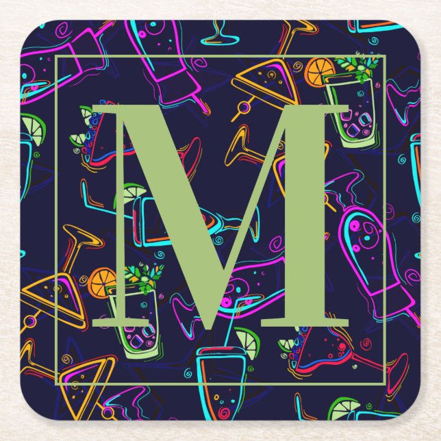 Neon Cocktails on Black Monogram Square Paper Coaster (Front)