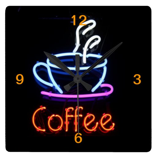 Image of Neon Coffee Sign on Black Square Wall Clock