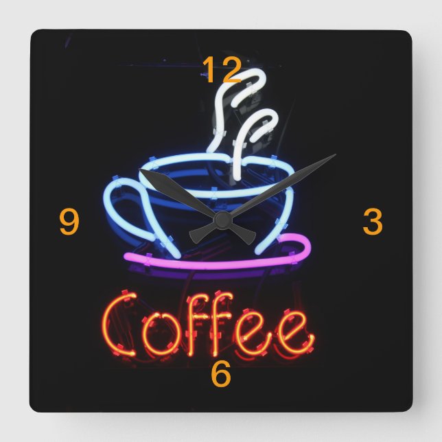 Neon Coffee Sign on Black Square Wall Clock (Front)