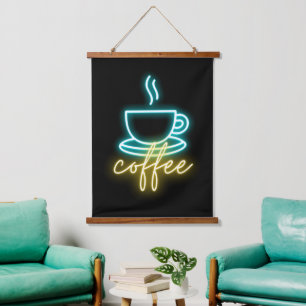 Neon Coffee Symbol & Text Hanging Tapestry