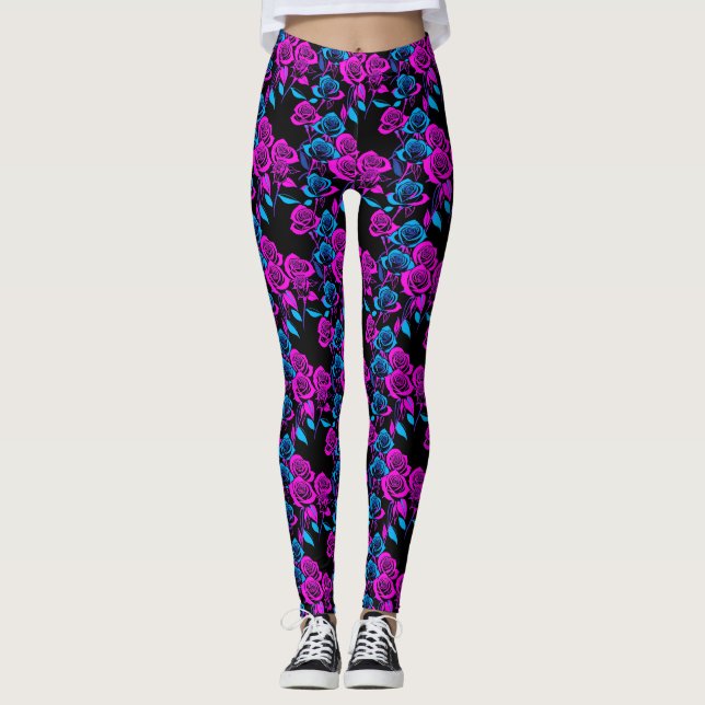 Neon Colored Roses Leggings (Front)