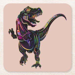 Neon Colored Tyrannosaurus Rex Dinosaur Square Paper Coaster
