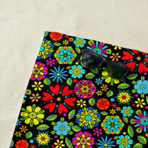 Neon Colors On Black Retro Floral Seamless Pattern Beach Towel