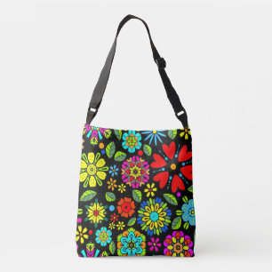 Neon Colors On Black Retro Floral Seamless Pattern Crossbody Bag