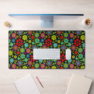 Neon Colors On Black Retro Floral Seamless Pattern Desk Mat
