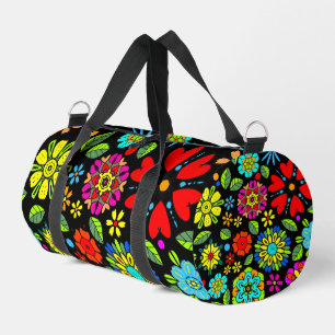 Neon Colors On Black Retro Floral Seamless Pattern Duffle Bag