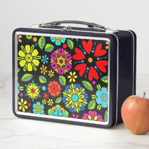 Neon Colors On Black Retro Floral Seamless Pattern Metal Lunch Box