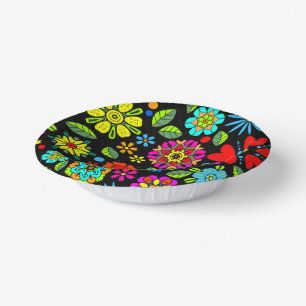 Neon Colors On Black Retro Floral Seamless Pattern Paper Plate