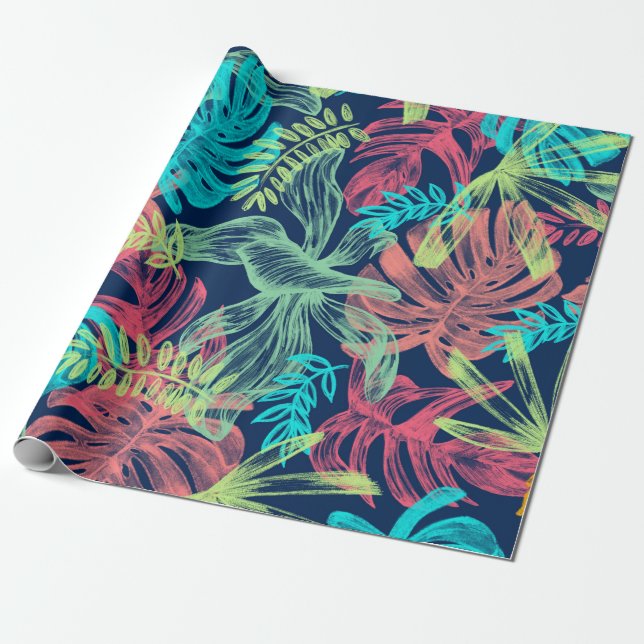 Neon Coloured Aqua Yellow Green Tropical Leaves Wrapping Paper (Unrolled)