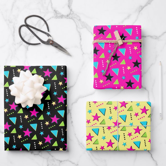 Neon Colourful 90s Memphis Pattern Retro Birthday Wrapping Paper Sheet (Front)
